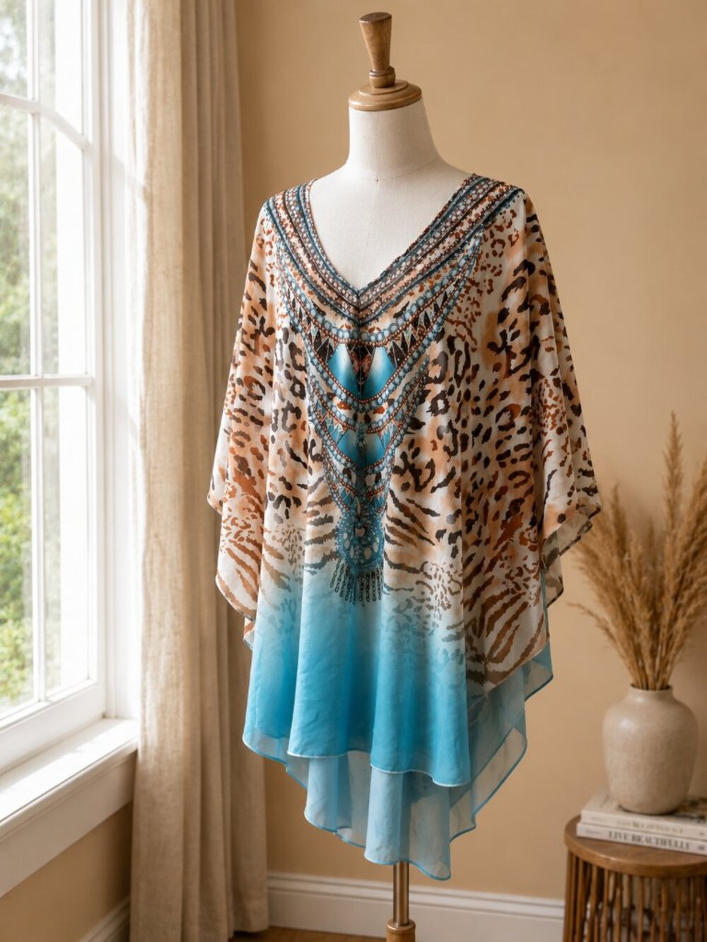 Boho Animal Print Embellished Poncho Kaftan Tunic Top | Turquoise Ombre | One Si